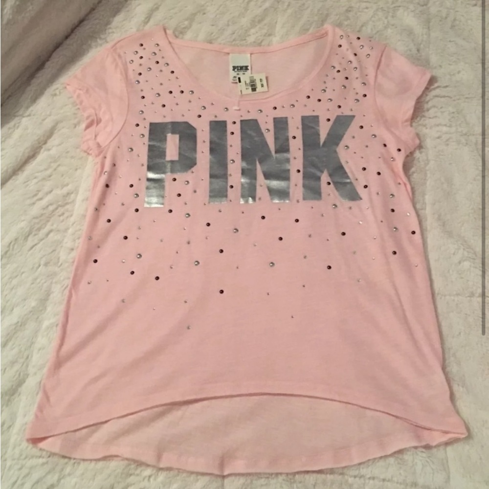 VS PINK - WHITE RAW HEM T SHIRT W RHINESTONES/DIAMONDS, METALLIC SILVER …
